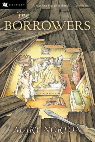 The Borrowers book cover showing surprised family underneath floorboards.