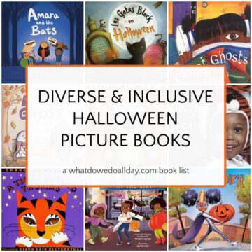 Collage of children's book covers with text overlay that reads, "diverse and inclusive Halloween picture books".
