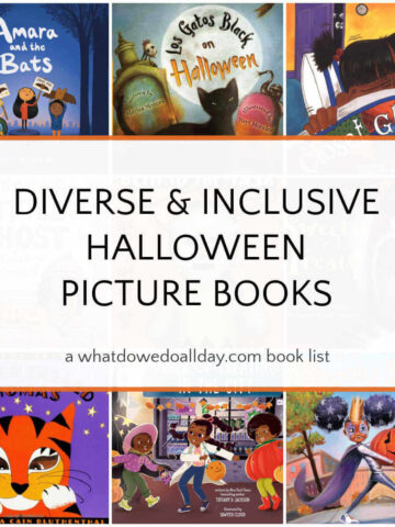 Collage of children's book covers with text overlay that reads, "diverse and inclusive Halloween picture books".