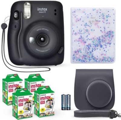 Mini instant camera, four boxes camera paper, two batteries, sparkle mini album and black carry case.