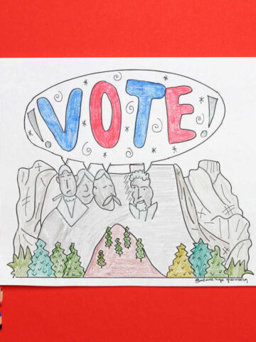 Election Day coloring page with illustration of figures on Mount Rushmore saying, "VOTE!" and two colored pencils.