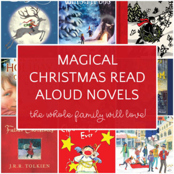 Collage of books with text overlay that reads, Magical Christmas Read Aloud Novels.