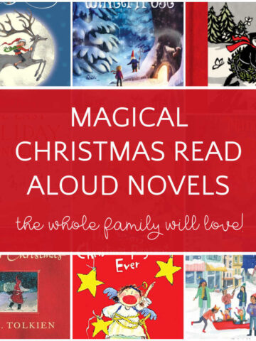 Collage of books with text overlay that reads, Magical Christmas Read Aloud Novels.