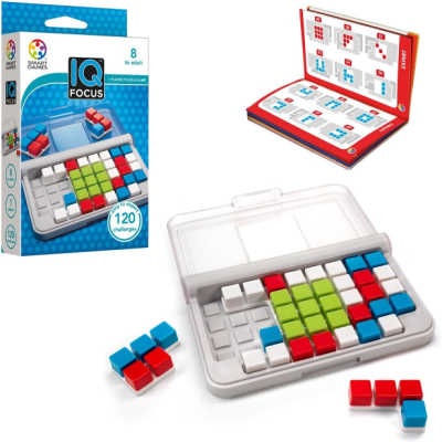 IQ Focus logic game box, open game in play and open instruction booklet.