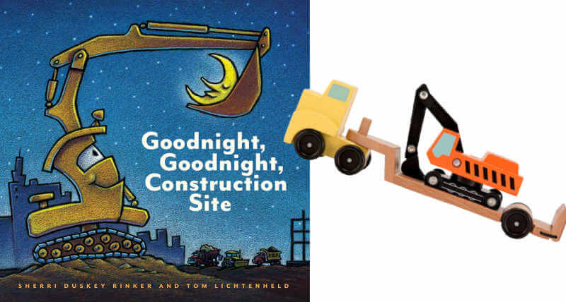 Goodnight Goodnight Construction Site book next to toy excavator and truck.