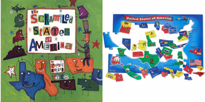 The Scrambled States of America book next to puzzle map of the U.S.