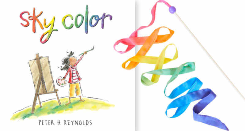 Sky Color book next to next to rainbow streamer.