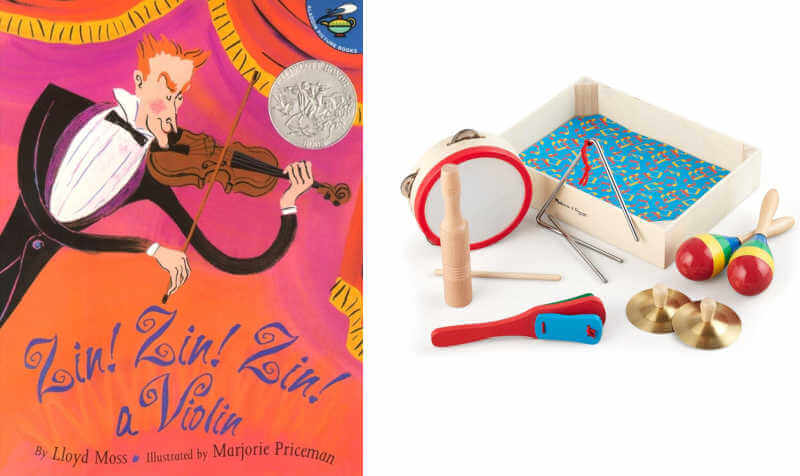 Zin Zin Zin a Violin book next to toy instruments.