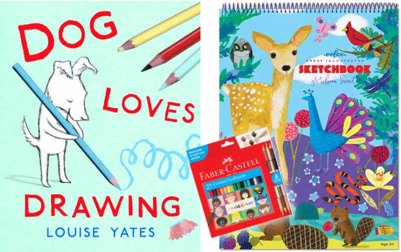 Dog Loves Drawing book next to colored pencils and sketchbook.