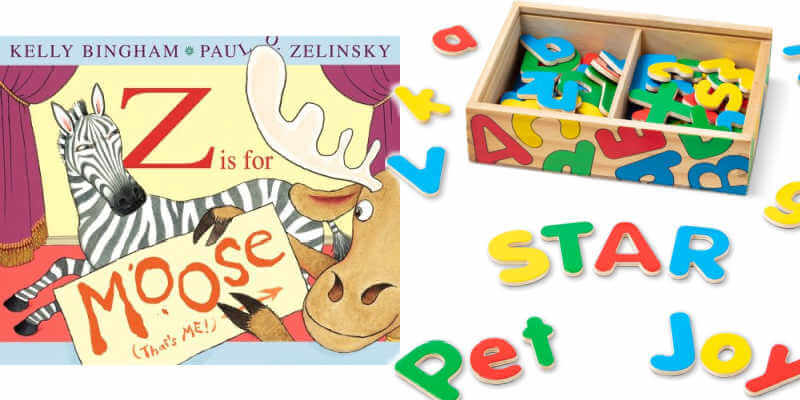 Z is for Moose book next to box of letter magnets