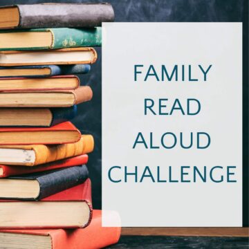 Stack of colorful books next to text that reads, Family Read Aloud Challenge.