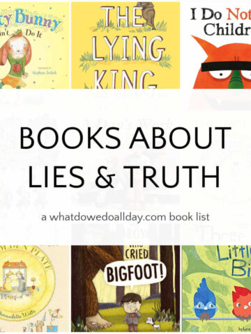 Collage of book covers with text overlay, Books about Lies & Truth.