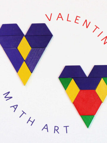 Two tangram hearts made with colorful wooden blocks and text overlay that reads, "Valentine math art."