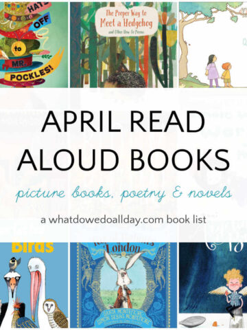 Collage of book covers with text overlay, April Read Aloud Books.