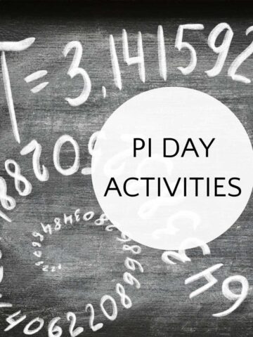 Number pi written on blackboard in swirl shape with text overly, Pi Day Activities.