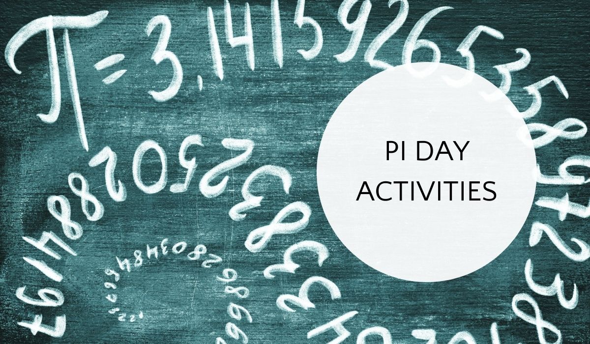 Number pi written on blackboard in swirl shape with text overly, Pi Day Activities.