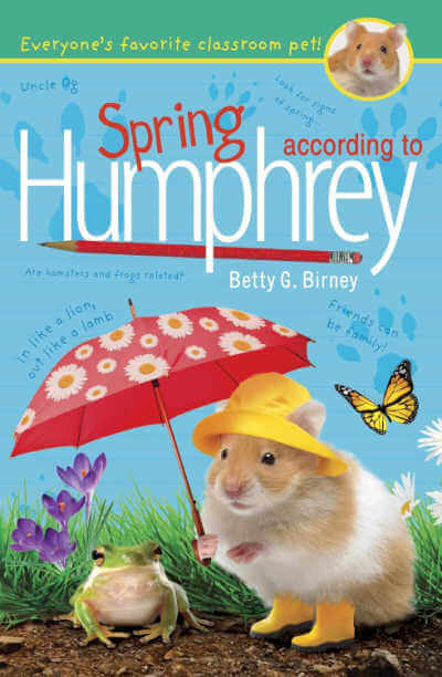 Spring According to Humphrey book cover with illustration of guinea pig in rain hat and boots holding an umbrella.