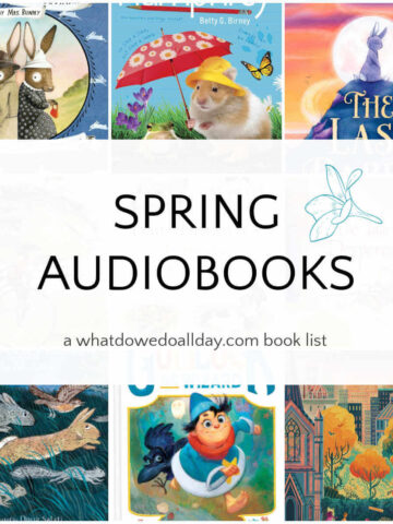 Collage of book covers with text overlay that reads, Spring Audiobooks for Kids & Families.