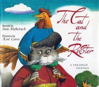 The Cat and the Rooster picture book cover with illustration of rooster sitting on shoulders of cat.