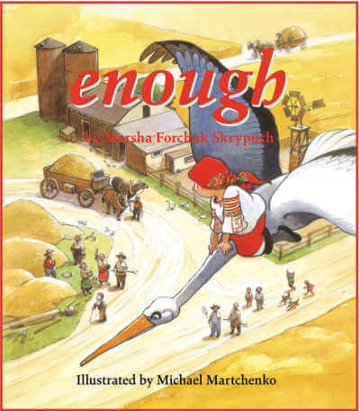 Enough picture book cover with illustration of girl on flying stork over farm.