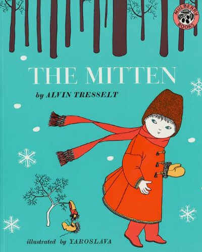 The Mitten picture book cover with illustration of child looking at dropped mitten in the snow.