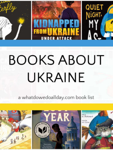 Collage of children's book covers with text overlay, Books About Ukraine.
