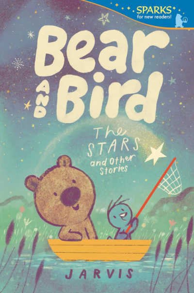 Bear and Bird book cover with illustration of a bear and a bird fishing from a boat under the night sky.