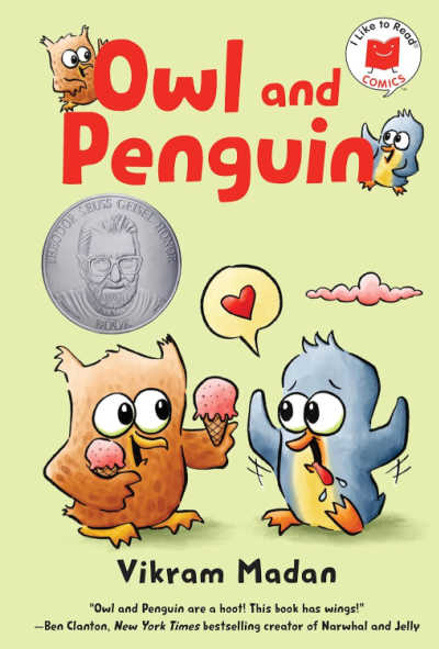 Owl and Penguin book cover will illustration of Owl offering Penguin an ice cream cone.