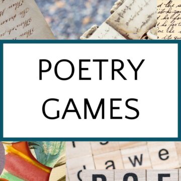 Collage of art, poetry clippings and letter tiles, with text overlay that reads, Poetry Games.