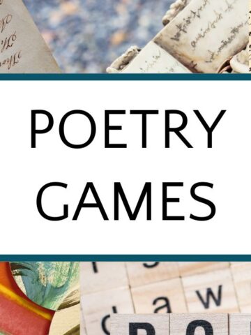 Collage of art, poetry clippings and letter tiles, with text overlay that reads, Poetry Games.