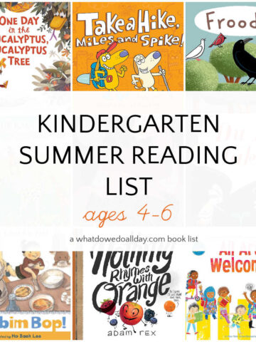 Collage of book covers with text overlay that reads, Kindergarten Summer Reading List, ages 4-6.