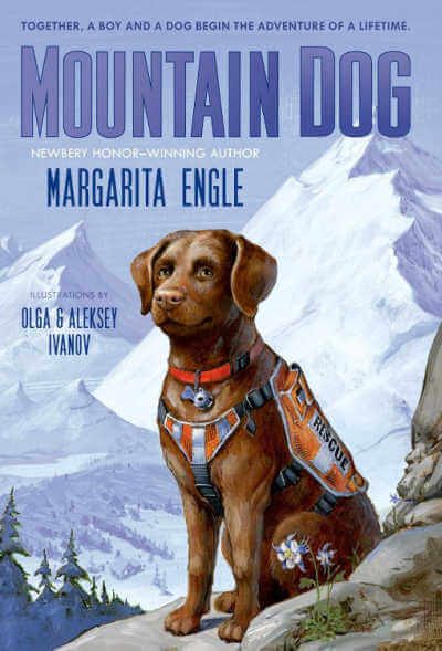 Mountain Dog book cover with illustration of rescue dog on mountain top.