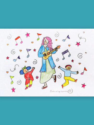 Colored in ukulele coloring page featuring woman playing ukukele and two dancing children.