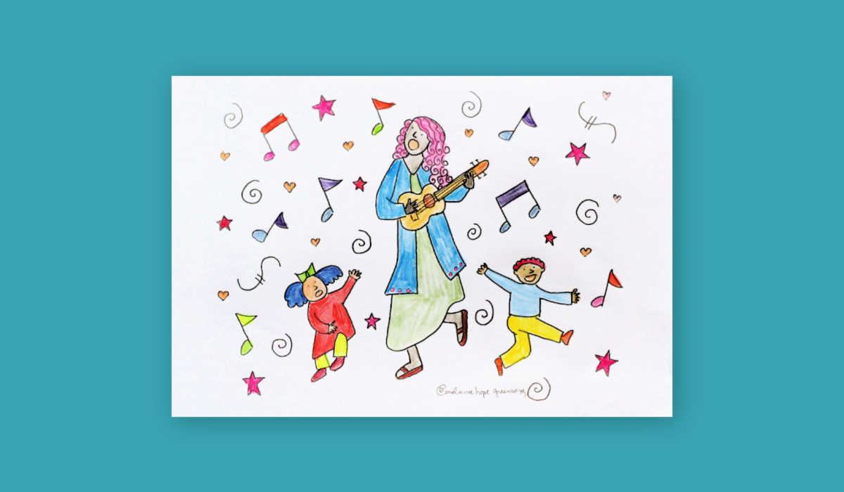 Colored in ukulele coloring page featuring woman playing ukukele and two dancing children.