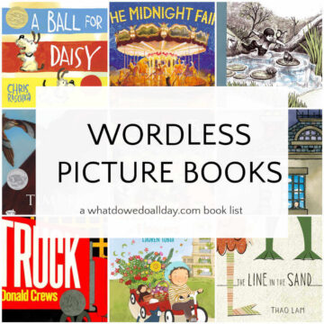 Collage of book covers with text overlay, Wordless Picture Books.