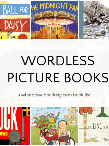 Collage of book covers with text overlay, Wordless Picture Books.