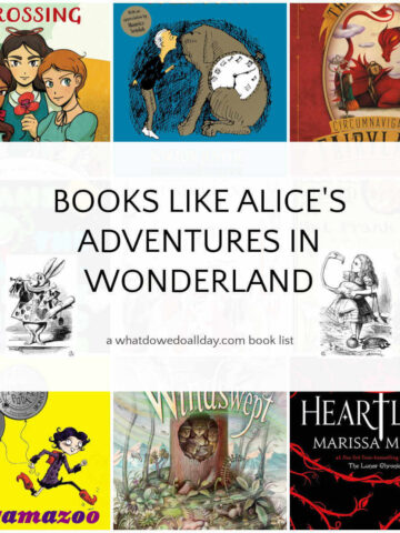 Collage of book covers with text overlay, Books Like Alice's Adventures in Wonderland.
