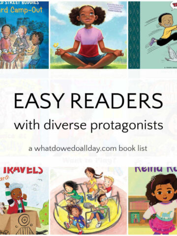 Collage of book covers with text overlay, Easy Readers with Diverse Protagonists.