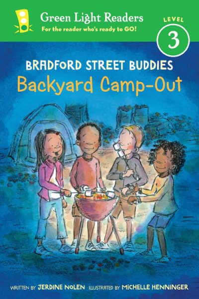 Book cover for Bradford Street Buddies Backyard Camp Out with illustration of four children roasting marshmallows over grill.