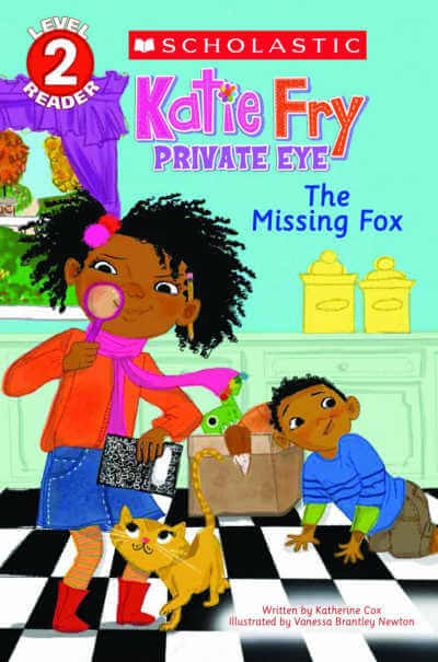Book cover for Katie Fry Private Eye The Missing Fox with illustration of Black girl looking through magnifying glass with her young brother sitting on the floor in the background.