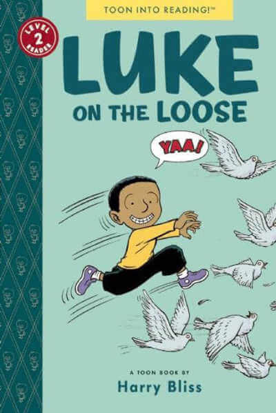 Book cover for Luke on the Looks with illustration of Black boy running after a group of pigeons.
