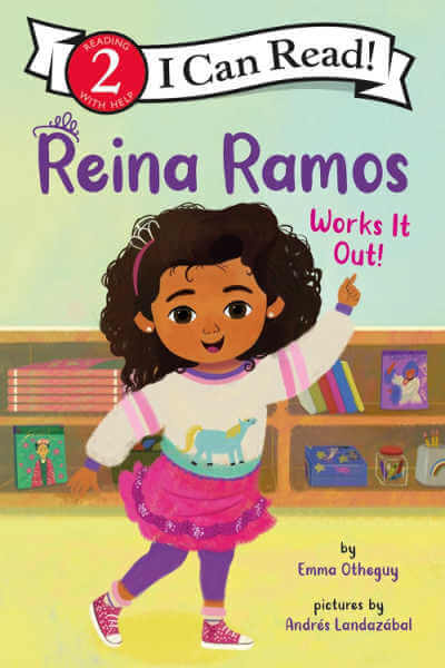 Book cover for Reina Ramos Works It Out with illustration of Latina girl standing in classroom holding up one finger.