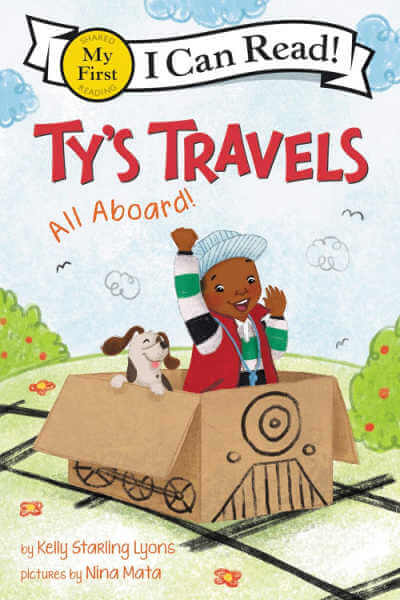 Book cover for Ty's Travels All Aboard with illustration of Black Boy and dog in train made from a cardboard box.