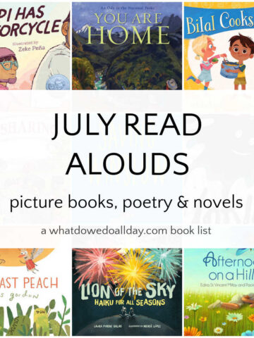 Collage of book covers with text overlay, July Read Alouds.