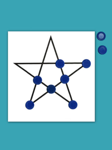 Pentalpha puzzle board in star shape with nine blue tokens