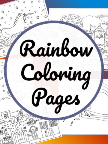 Collage of different coloring pages featuring rainbows.