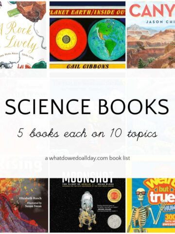 Collage of picture book covers with text overlay, Science Picture Books.