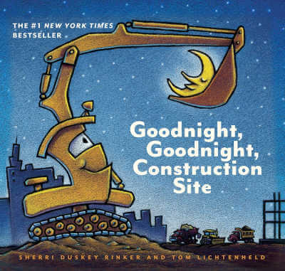 Book cover for Goodnight, Goodnight Construction Site with illustration of smiling digger holding sleeping moon in it's bucket.