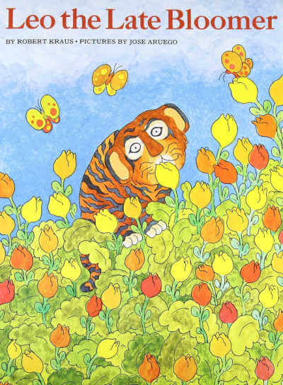 Book cover of Leo the Late Bloomer with illustration of tiger in meadow.