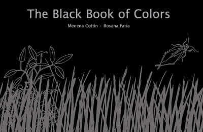 Book cover for The Black Book of Colors with illustration of grey grass on black background.